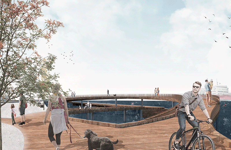 Et af projektgruppens designforslag til Dokken Bykaj i Esbjerg